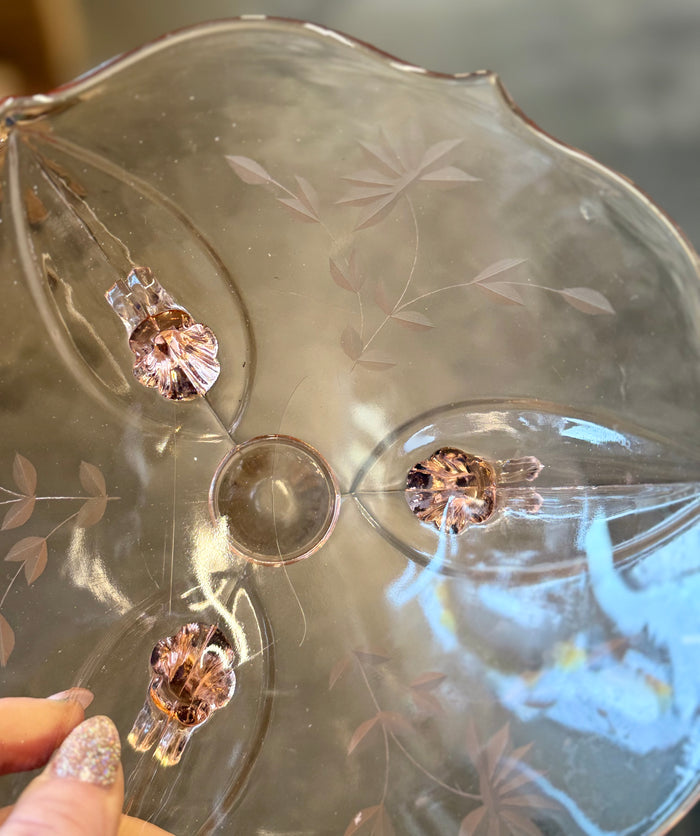 1930s Style Pink Etched Glass Footed Bowl | Floral Depression Era Compote