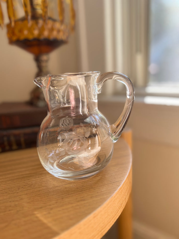 1950s Mid-Century Modern Etched Glass Pitcher – 6” Tall Vintage Clear Glass