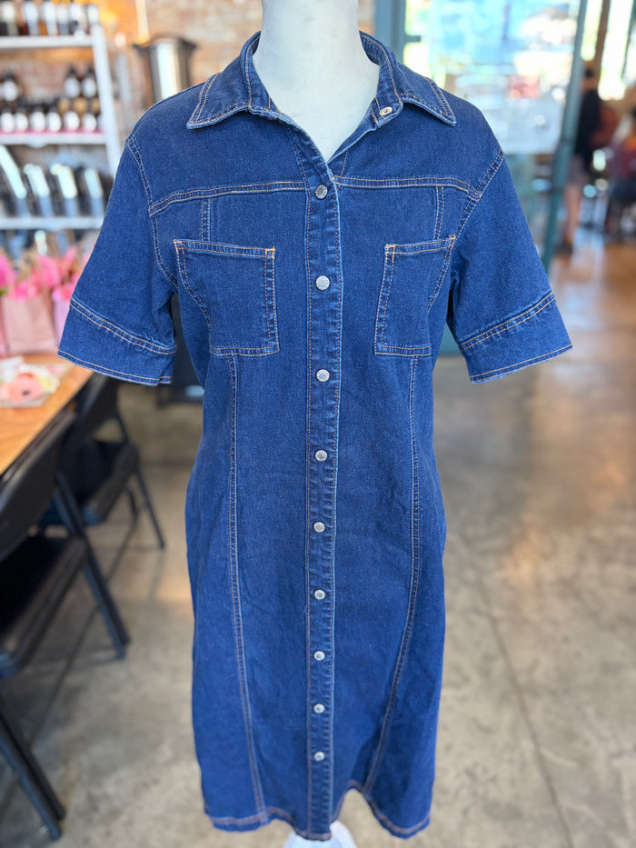 Vintage Y2K Adriana Sport Denim Midi Dress – Dark Wash Button Front Jean Dress – Size Small