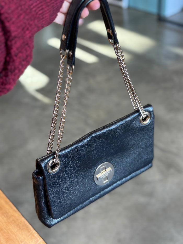 Kate Spade New York Black Pebbled Leather Chain Shoulder Bag | Pink Lined Interior