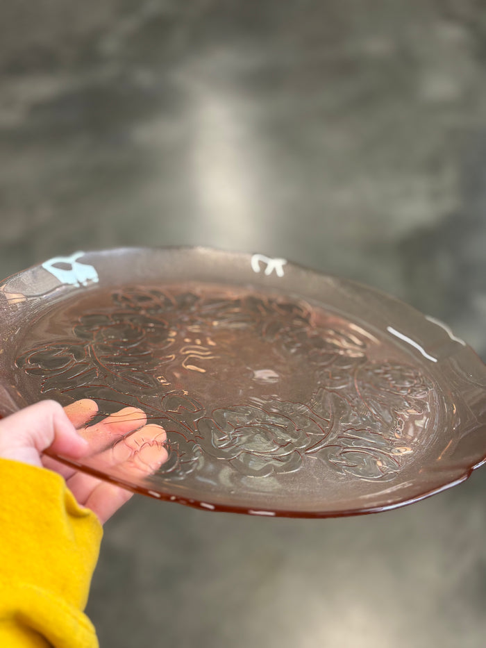 Vintage Pink Depression Glass Floral Platter – 1930s Embossed Rose Design – Art Deco Serving Plate