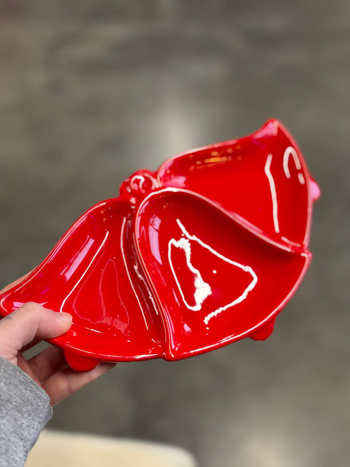 Mid-Century Modern Red Ceramic bell Divided Serving Dish – Retro 3-Section Snack Bowl