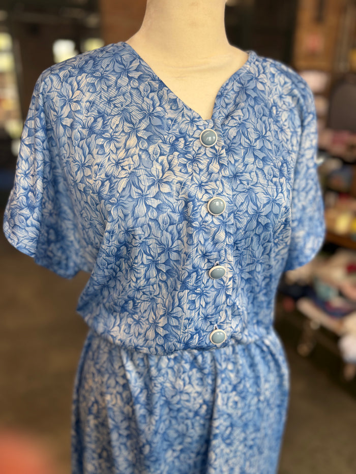 Vintage 90s Hasand For Her Blue Floral Midi Dress Button Front Cottagecore Lightweight