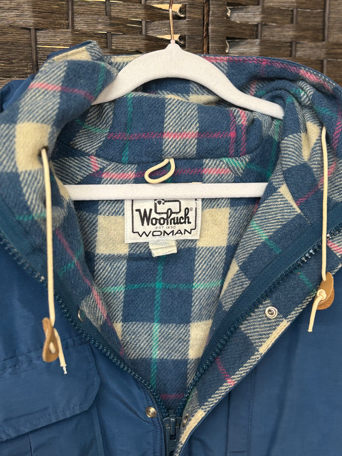 Vintage Woolrich Woman Hooded Jacket Plaid Wool Lined Blue Utility Coat Size L