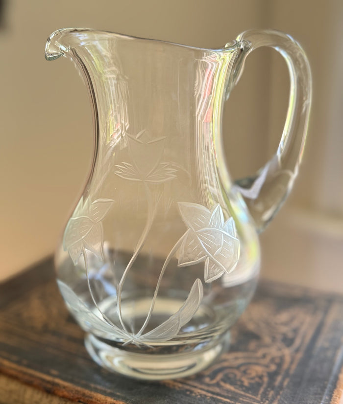 Etched glass floral pitcher