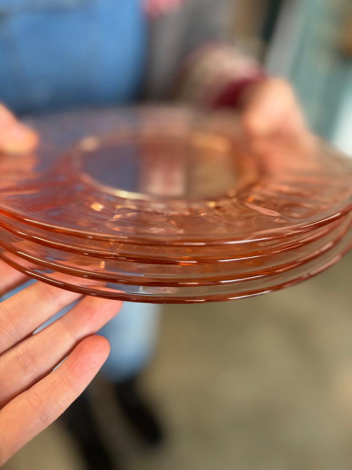 Vintage Pink Depression Glass Etched Grapevine Plates – Set of 4 – 1930s Luncheon/Dessert Plates