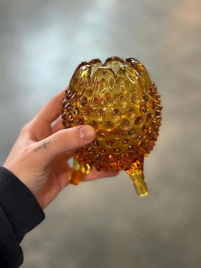 Vintage Amber Hobnail Glass Rose Bowl Vase | Mid-Century Art Glass | Textured Collectible Decor