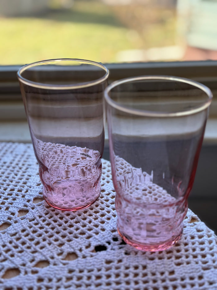 Set of 2 Pink Depression Glass Tumblers | 1930s Vintage Juice Glasses | Optic Pattern