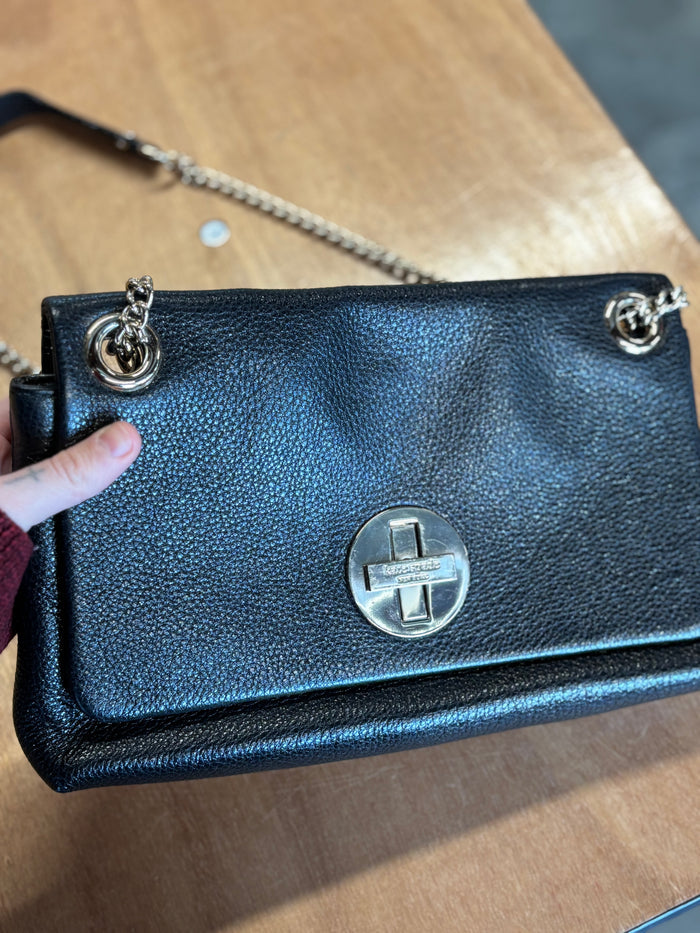 Kate Spade New York Black Pebbled Leather Chain Shoulder Bag | Pink Lined Interior