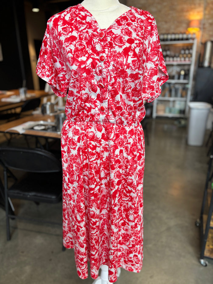 Vintage 90s Hasand For Her Red Floral Midi Dress Small Medium Button Front Cottagecore Dress