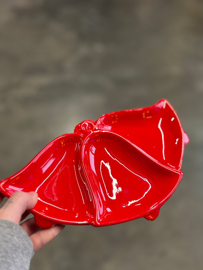Mid-Century Modern Red Ceramic bell Divided Serving Dish – Retro 3-Section Snack Bowl