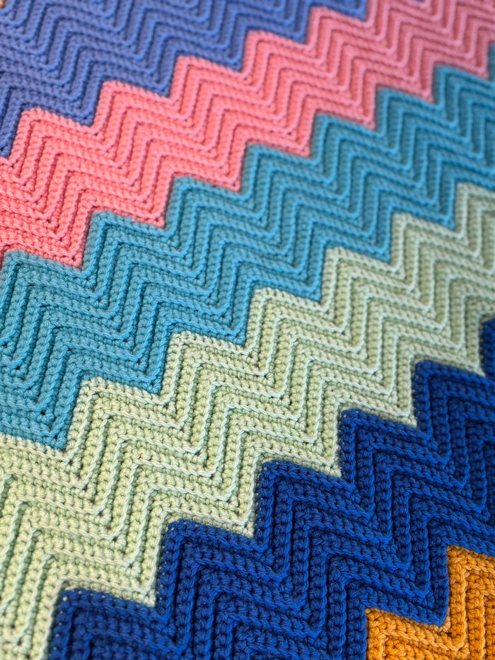 Handmade Crochet Chevron Blanket – Colorful Ripple Afghan Throw in Bright Retro Pastels