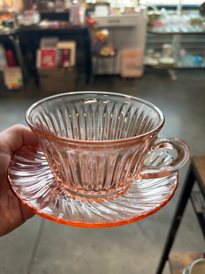Vintage Arcoroc France Pink Glass Cup & Saucer Set | French Pink Pressed Glass Tea Cup | Cottagecore Kitchen Decor