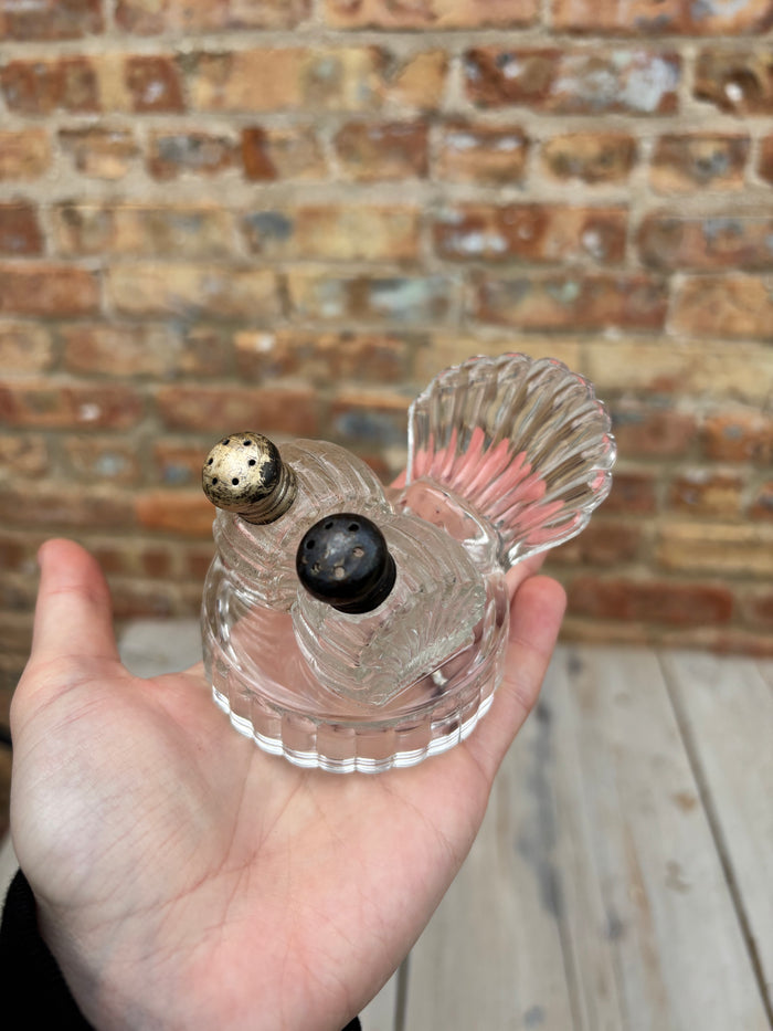 Vintage Pressed Glass Shell Salt & Pepper Shaker Set with Caddy | 1940s–1950s Clear Glass Tableware