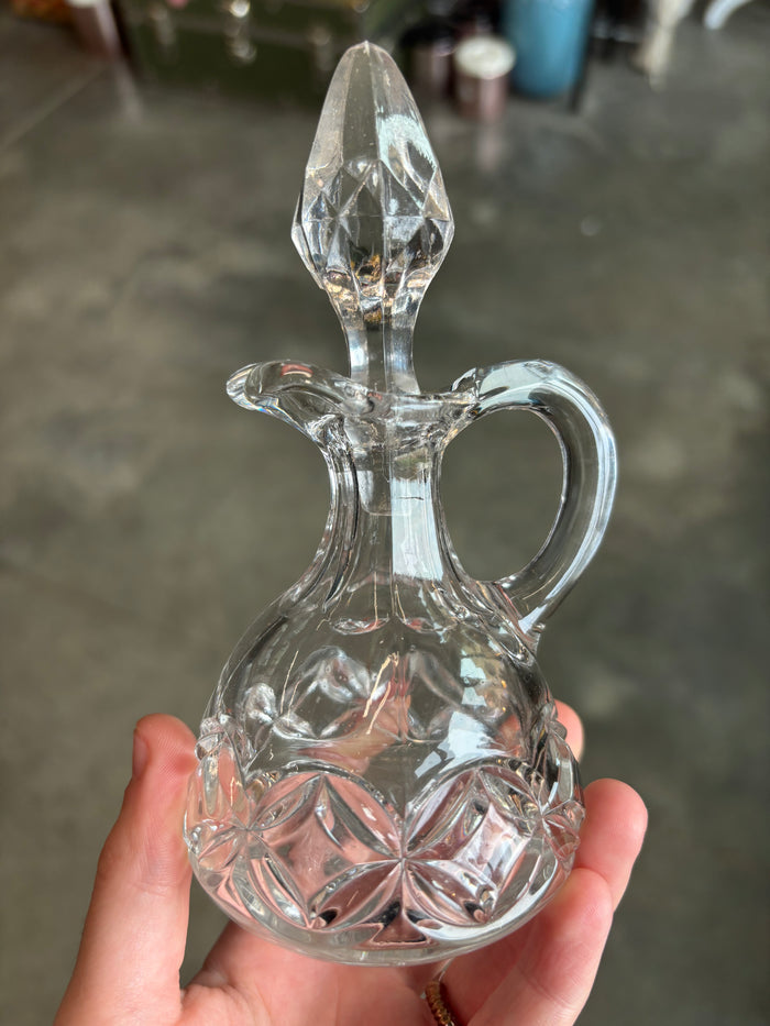 Vintage Clear Glass Cruet with Stopper – 6 Inch Pinwheel Star Pressed Glass Oil Vinegar Bottle