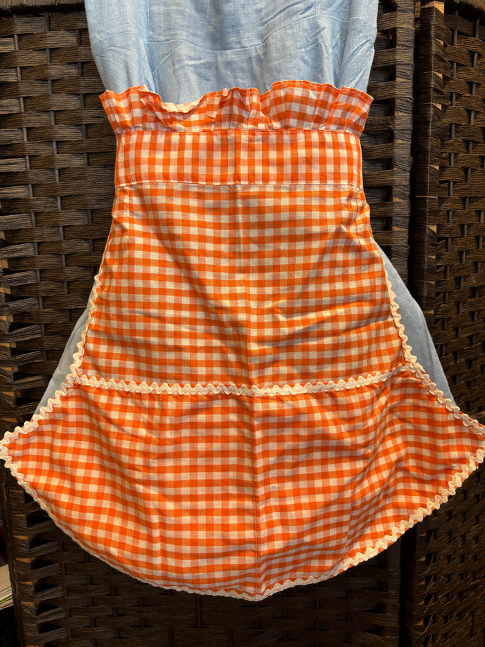 Handmade Orange Gingham Apron with Ruffle Neck & White Trim