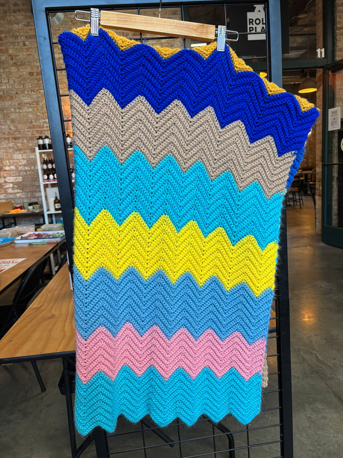Handmade Crochet Chevron Blanket – Colorful Ripple Afghan Throw in Bright Retro Pastels