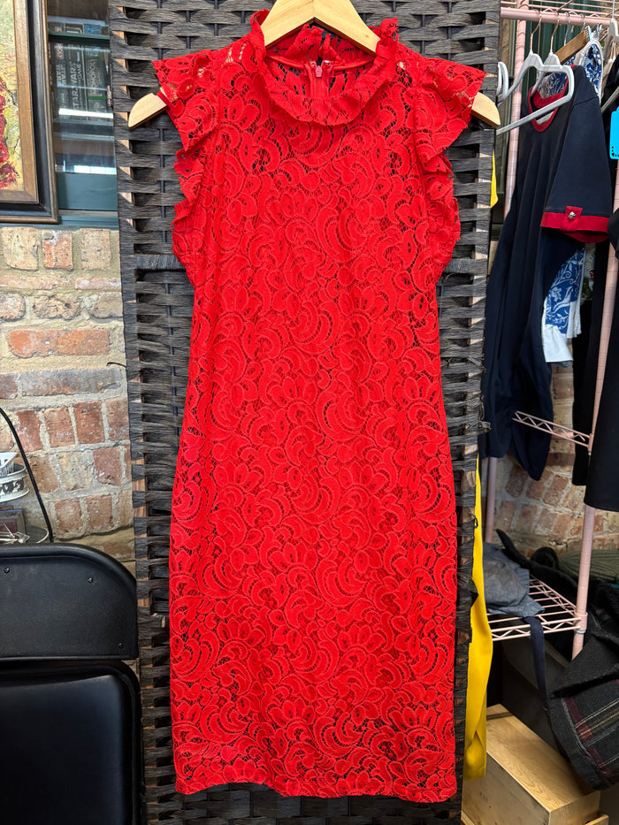 Alexia Admor Red Lace Sheath Dress XS – High Neck Cocktail Dress with Matching Slip | Holiday Party | Valentines | Evening Dress