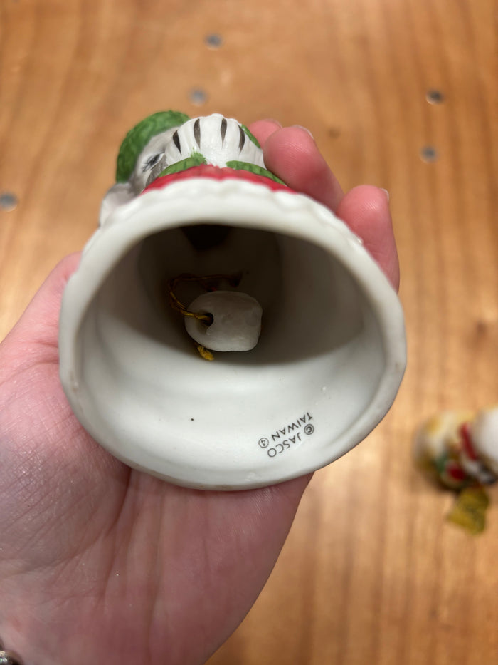 Vintage JASCO Christmas Mouse Bell – Bisque Porcelain Holiday Figurine – Made in Taiwan – 1980s Collectible