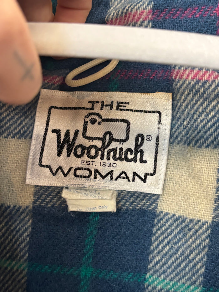 Vintage Woolrich Woman Hooded Jacket Plaid Wool Lined Blue Utility Coat Size L