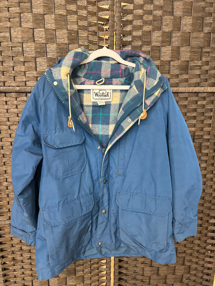 Vintage Woolrich Woman Hooded Jacket Plaid Wool Lined Blue Utility Coat Size L