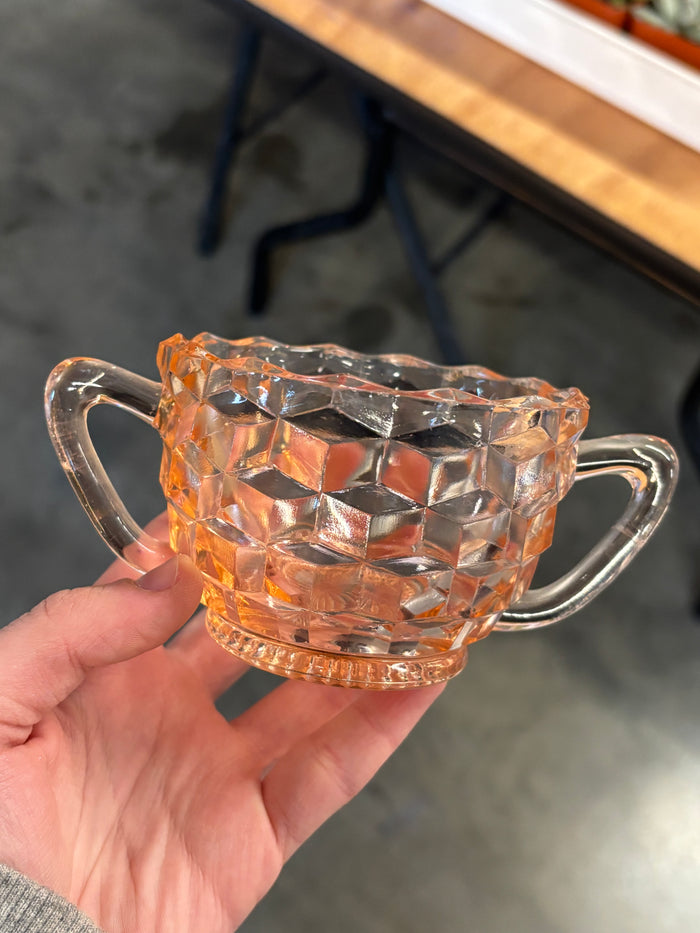 Pink Depression Glass Cream and Sugar Set | Diamond Pattern | Starburst Base | 1930s Vintage