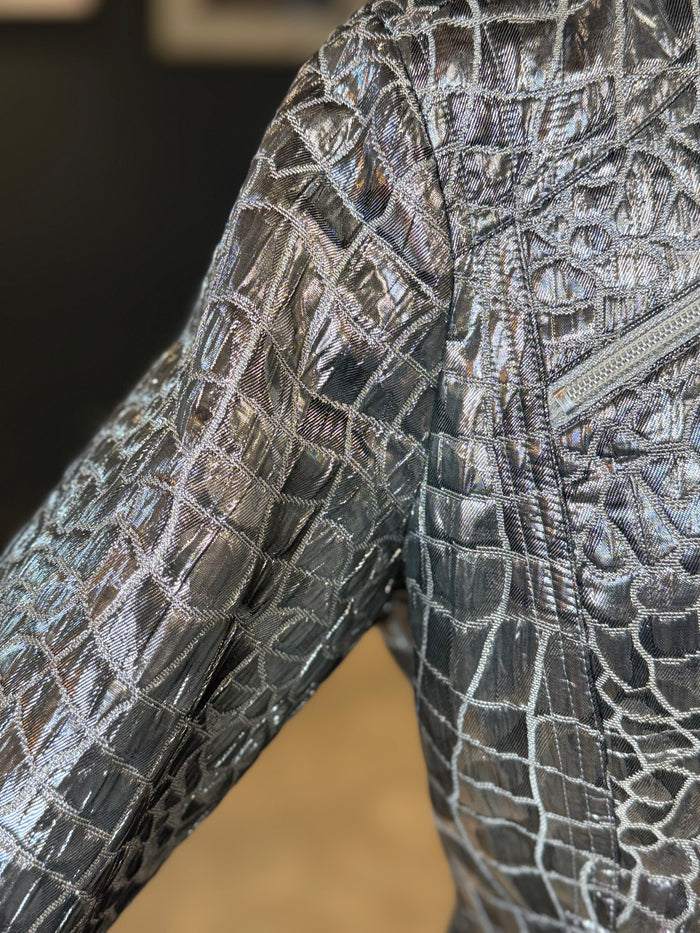 Chico’s Metallic Faux Alligator Jacket | Y2K Silver Moto Jacket | Croc Embossed Statement Coat Size M