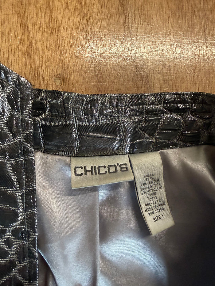 Chico’s Metallic Faux Alligator Jacket | Y2K Silver Moto Jacket | Croc Embossed Statement Coat Size M