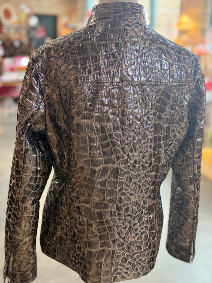 Chico’s Metallic Faux Alligator Jacket | Y2K Silver Moto Jacket | Croc Embossed Statement Coat Size M