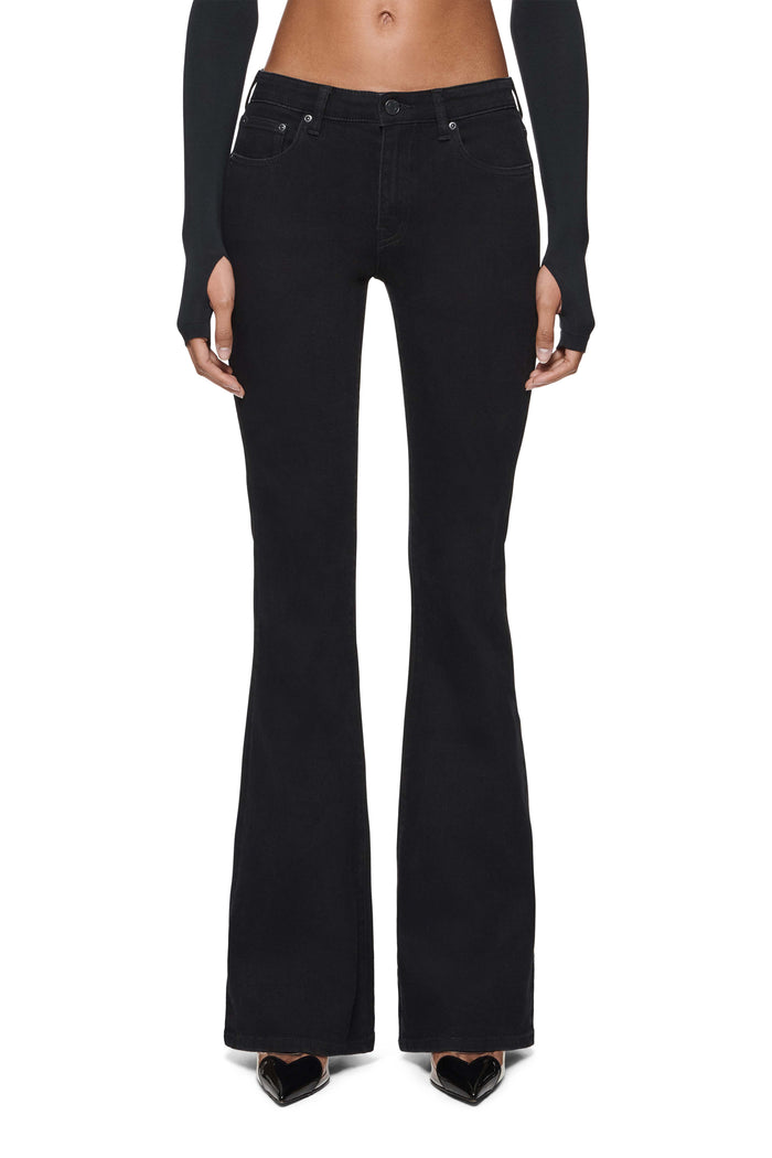 Flare denim jeans with a frayed hem, low rise, and 34-inch inseam in size 24-34.