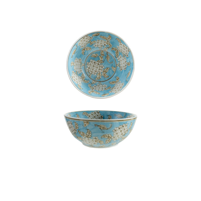 Hand-Painted Stoneware Serving Bowl with Cherry Blossoms, Blue, Brown & White