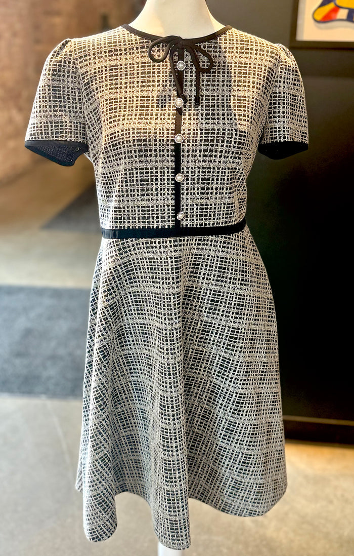 Karl Lagerfeld Paris Black White Jacquard Knit Dress | Pearl Button Bow Detail A-Line Dress Size 6