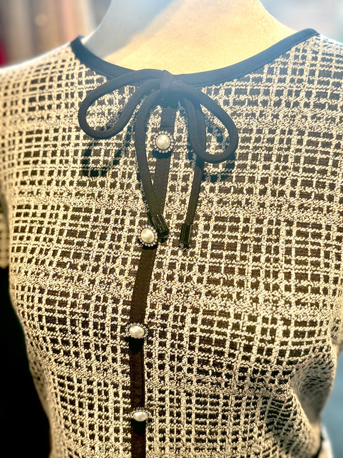 Karl Lagerfeld Paris Black White Jacquard Knit Dress | Pearl Button Bow Detail A-Line Dress Size 6