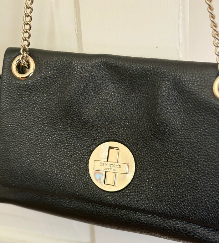 Kate Spade Black Pebbled Leather Crossbody Bag – Early 2000’s Classic with Gold Chain & Pink Lining