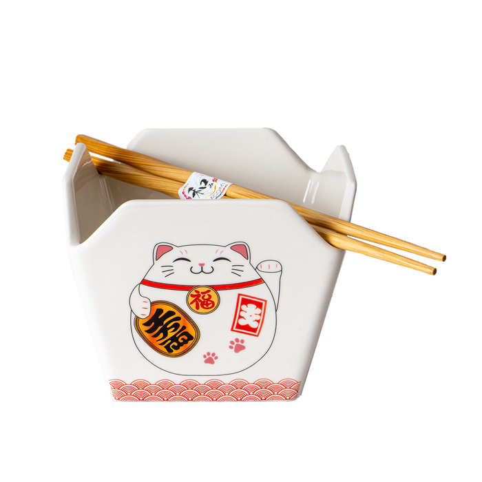 Lucky Cat Takeout Box Serving Bowl With Chopsticks