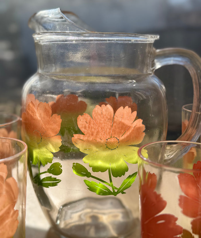 Mid Century Swanky Swig Set | Federal Glass Pitcher & 6 Glasses | Retro Floral Kitchen Glassware