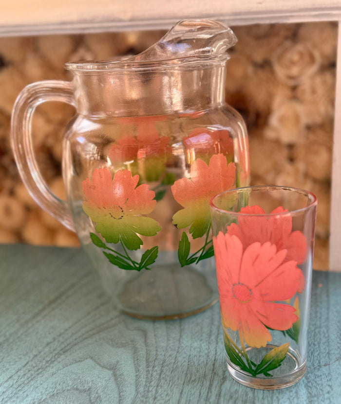 Mid Century Swanky Swig Set | Federal Glass Pitcher & 6 Glasses | Retro Floral Kitchen Glassware