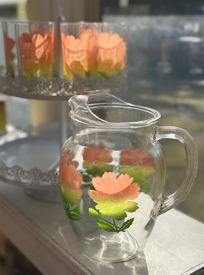 Mid Century Swanky Swig Set | Federal Glass Pitcher & 6 Glasses | Retro Floral Kitchen Glassware