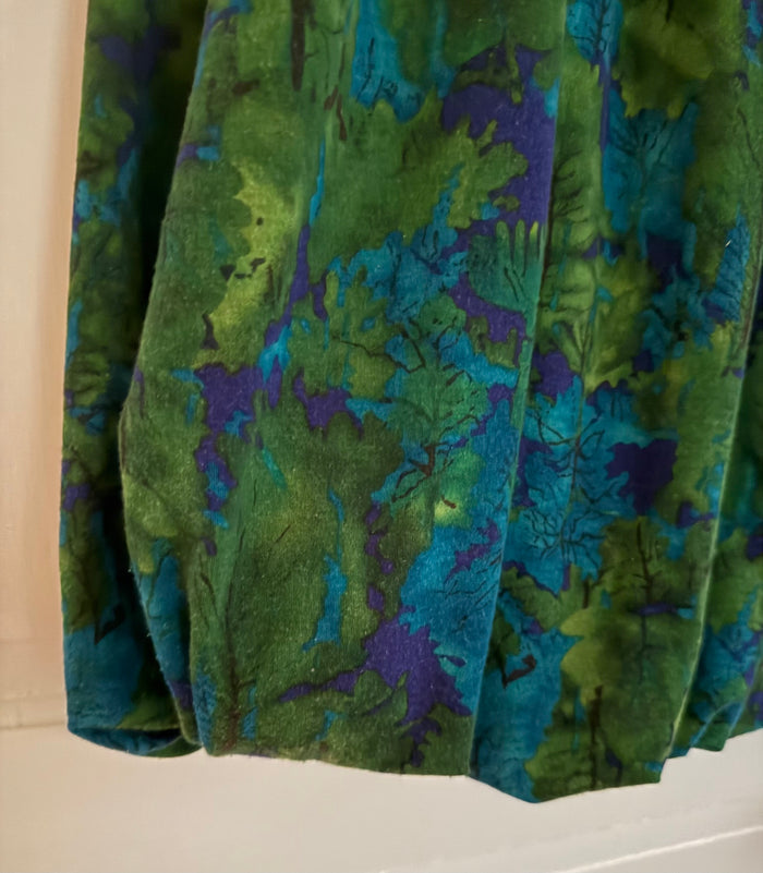 MYAN Velvet Leaf Print Dress – Green Teal Purple Abstract – Made in USA – Flutter Sleeve Festival Retro