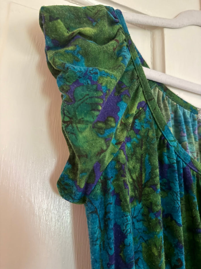 MYAN Velvet Leaf Print Dress – Green Teal Purple Abstract – Made in USA – Flutter Sleeve Festival Retro