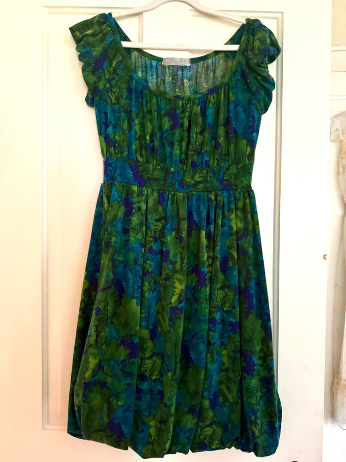 MYAN Velvet Leaf Print Dress – Green Teal Purple Abstract – Made in USA – Flutter Sleeve Festival Retro