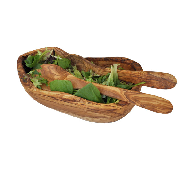 Olive Wood Boat Shaped Bowl + Salad Servers