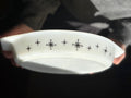 Pyrex Divided Casserole Dish – Black Atomic Star/Snowflake Print – Mid Century Opal Glass Serving Dish