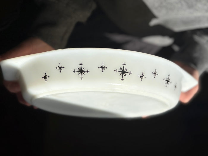 Pyrex Divided Casserole Dish – Black Atomic Star/Snowflake Print – Mid Century Opal Glass Serving Dish