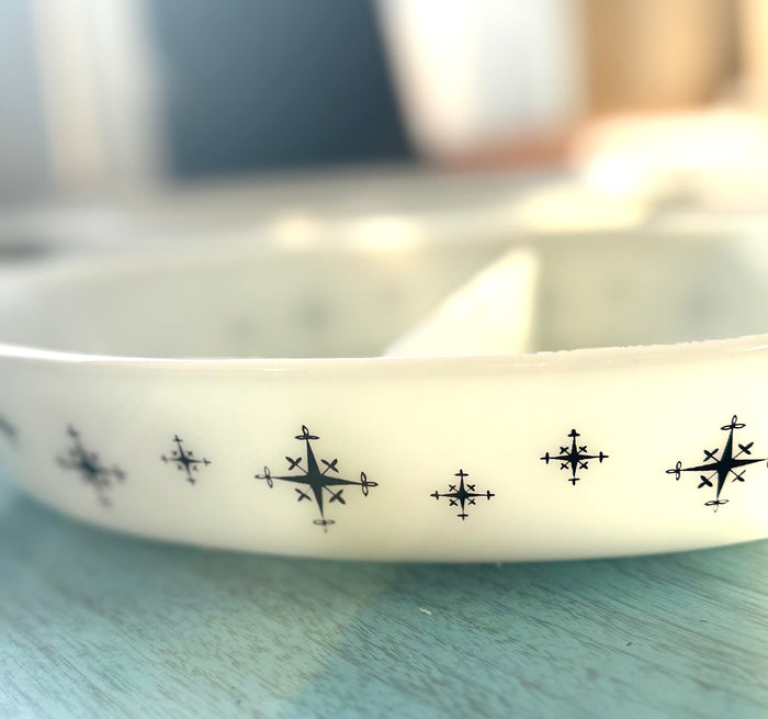 Pyrex Divided Casserole Dish – Black Atomic Star/Snowflake Print – Mid Century Opal Glass Serving Dish
