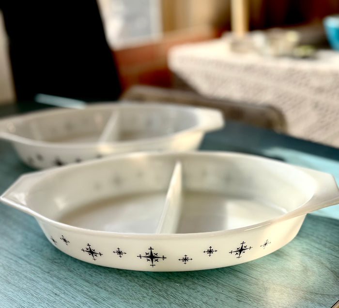 Pyrex Divided Casserole Dish – Black Atomic Star/Snowflake Print – Mid Century Opal Glass Serving Dish