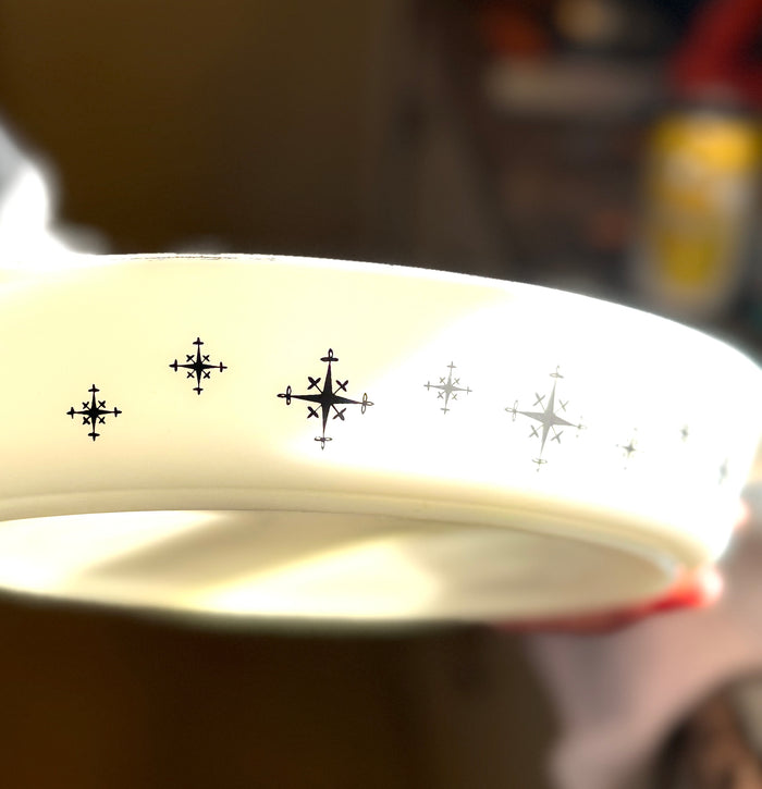 Pyrex Divided Casserole Dish – Black Atomic Star/Snowflake Print – Mid Century Opal Glass Serving Dish