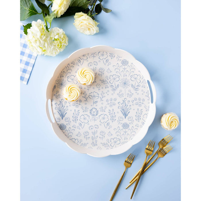 Round Scalloped Floral Bamboo Tray
