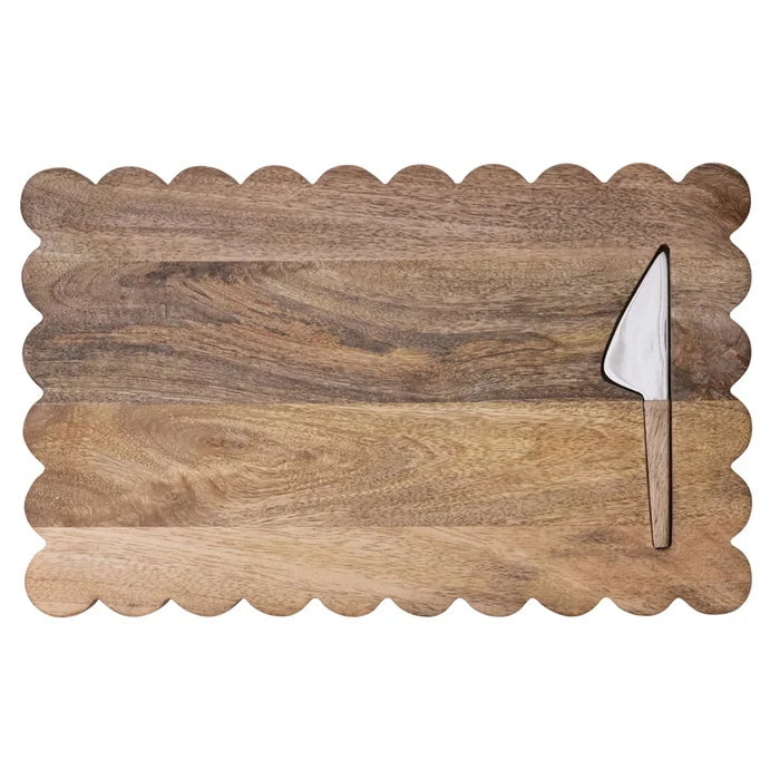 Scalloped Mango Wood Cheese Serving Board with Cheese Knife