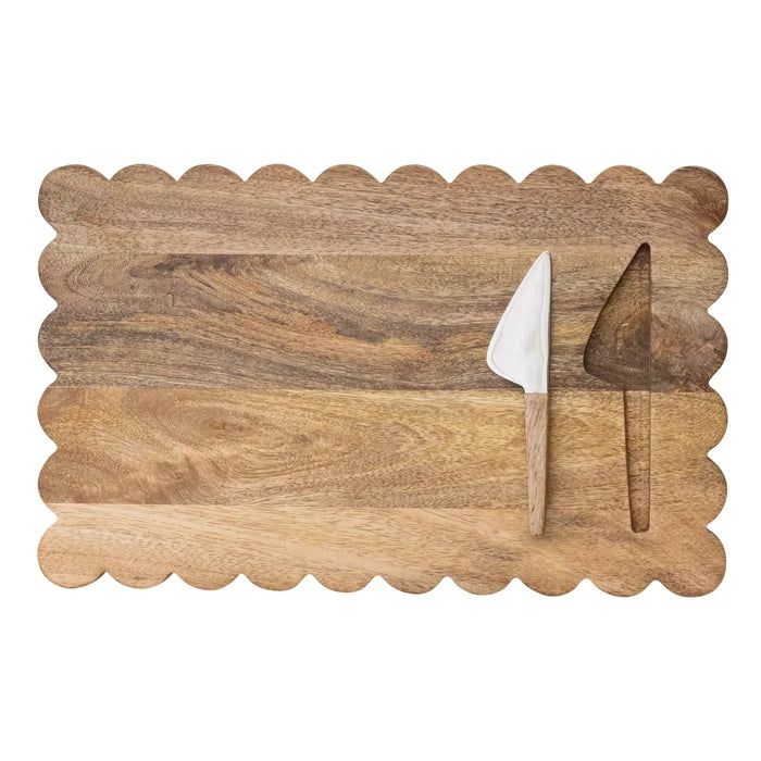 Scalloped Mango Wood Cheese Serving Board with Cheese Knife